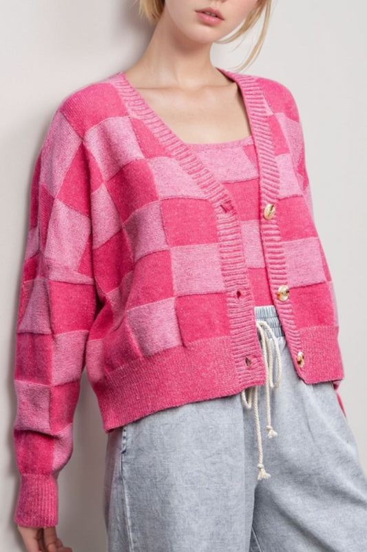 Checkered V-Neck Long Sleeve Cardigan-TOPS / DRESSES-[Adult]-[Female]-Hot Pink-S-2022 Online Blue Zone Planet