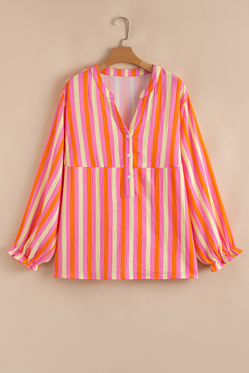 Pink Stripe Crinkled Half Buttons V Neck Plus Size Blouse-Plus Size/Plus Size Tops/Plus Size Blouses & Shirts-[Adult]-[Female]-2022 Online Blue Zone Planet