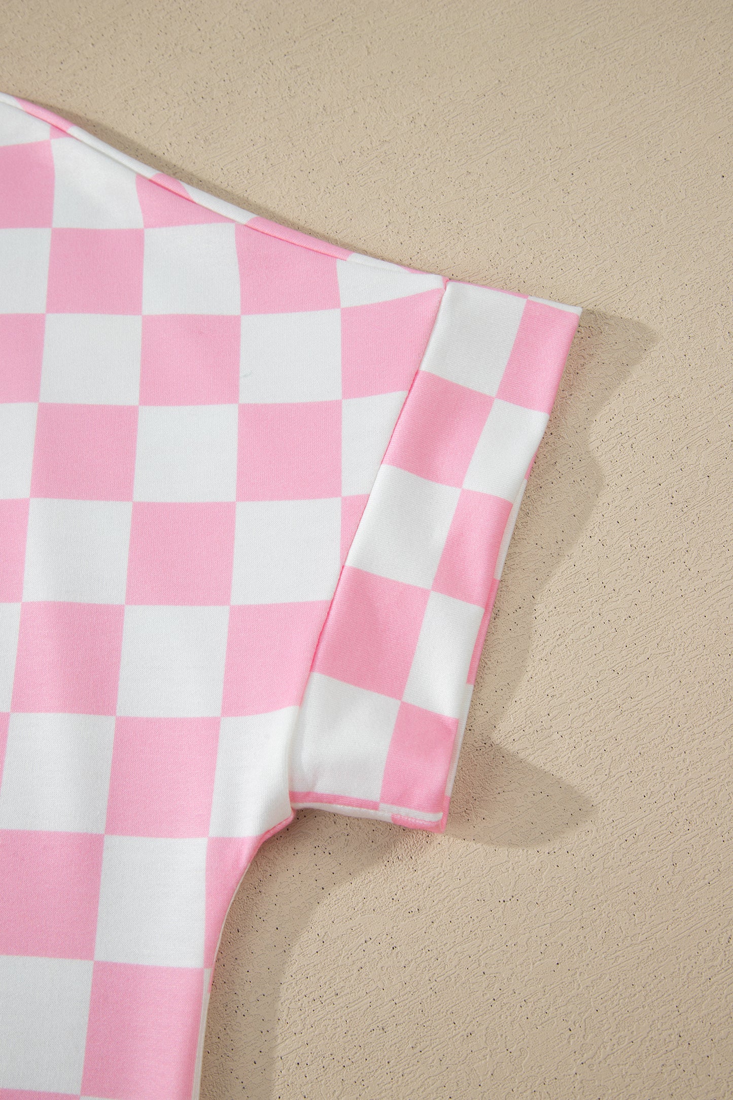 Pink Checkered Print Color Block Trim Mock Neck Short Set-Two Piece Sets/Short Sets-[Adult]-[Female]-2022 Online Blue Zone Planet
