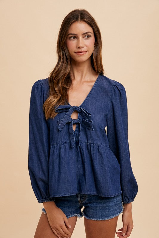 Annie Wear Tie Front Peplum Long Sleeve Denim Top-TOPS / DRESSES-[Adult]-[Female]-2022 Online Blue Zone Planet