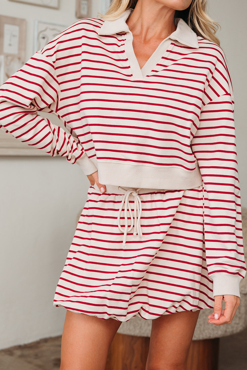 Red Stripe Cropped Collared Drop Shoulder Pullover And Bubble Mini Skirt Set-Two Piece Sets/Two Piece Dresses-[Adult]-[Female]-2022 Online Blue Zone Planet