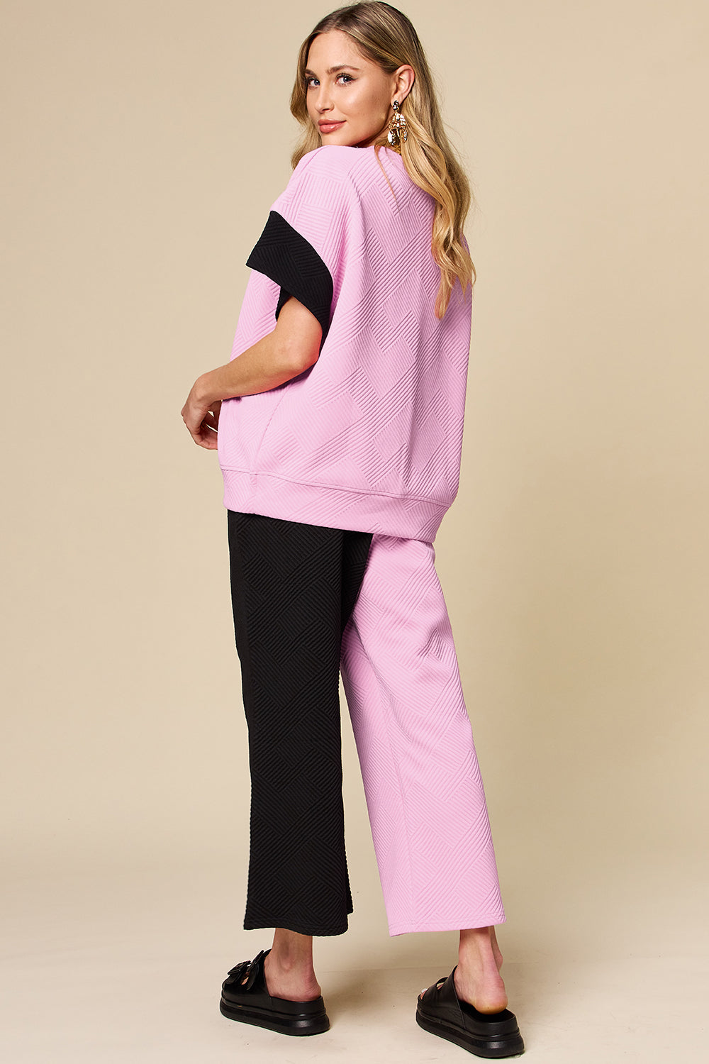 Double Take Full Size Texture Contrast T-Shirt and Wide Leg Pants Set-TOPS / DRESSES-[Adult]-[Female]-2022 Online Blue Zone Planet