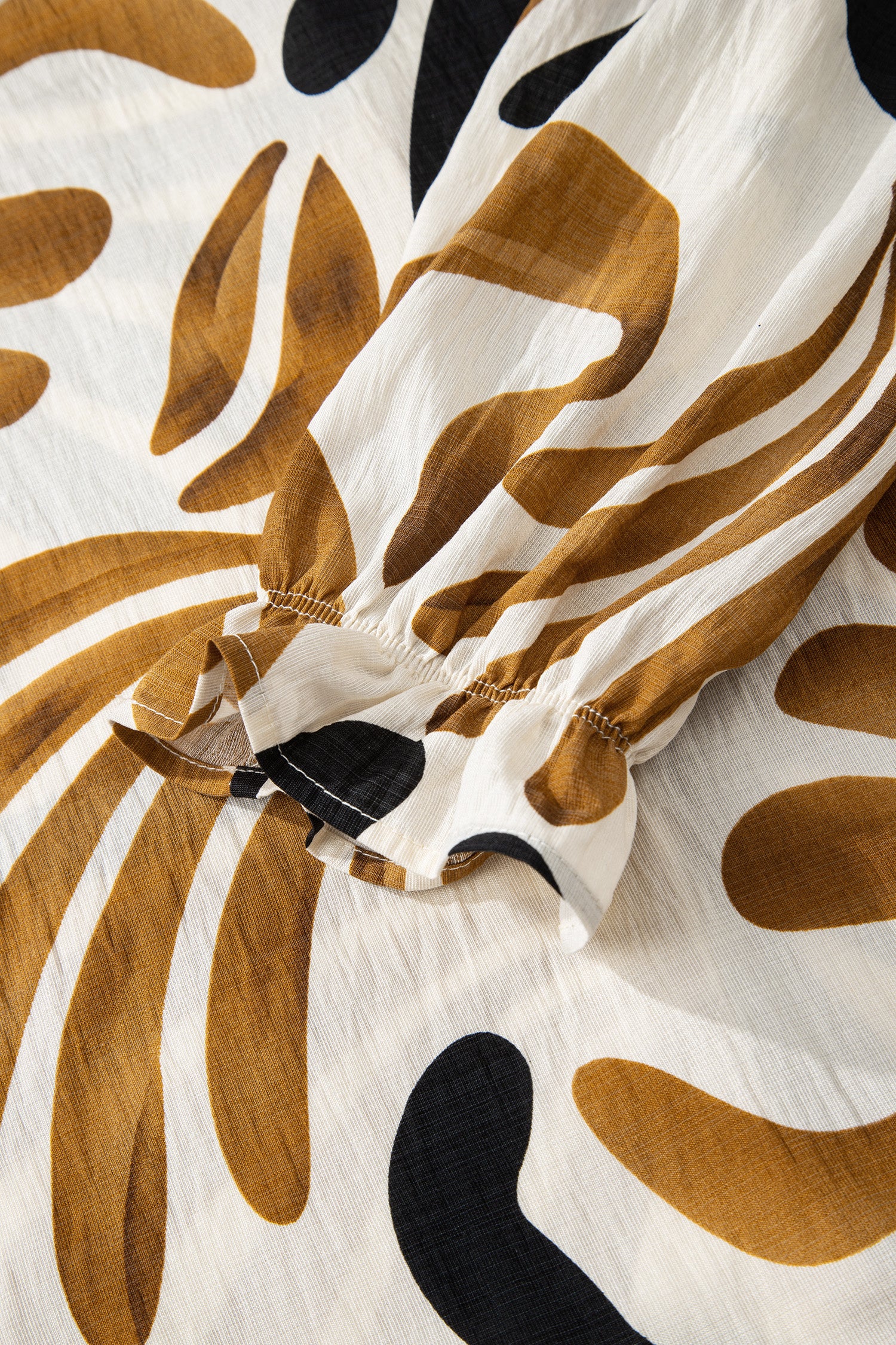 Brown Tropical Printed Contrast Trim Neck Long Sleeve Ruffle Hem Dress-TOPS / DRESSES-[Adult]-[Female]-2022 Online Blue Zone Planet