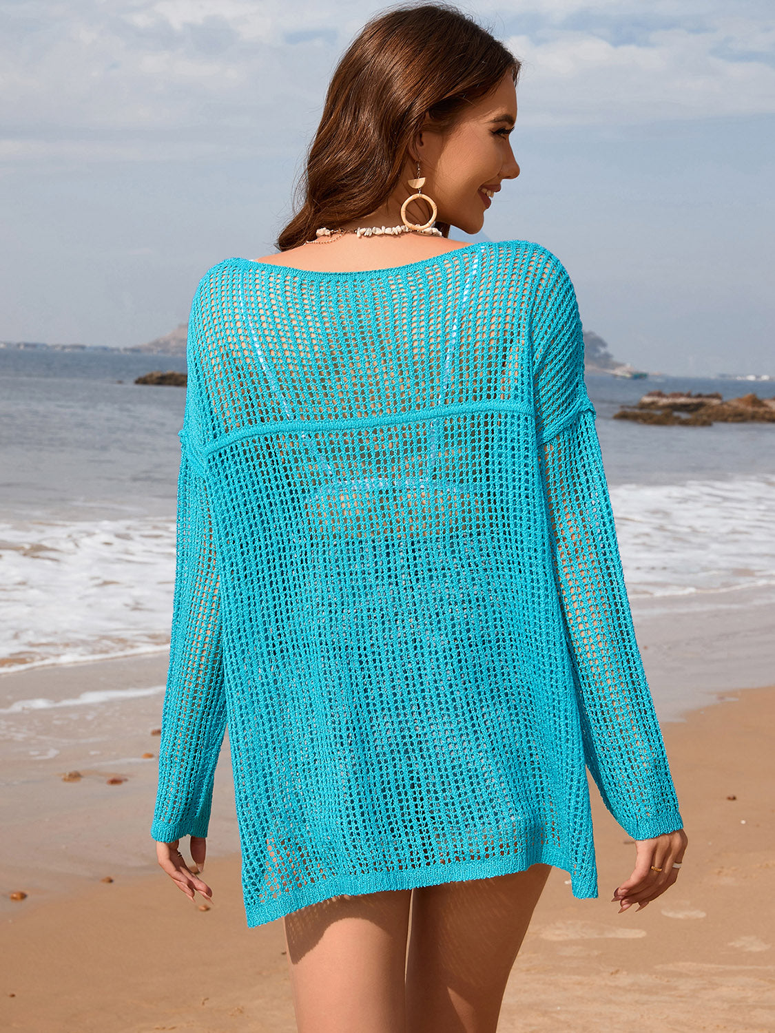 Openwork Slit Boat Neck Long Sleeve Cover-Up-TOPS / DRESSES-[Adult]-[Female]-2022 Online Blue Zone Planet