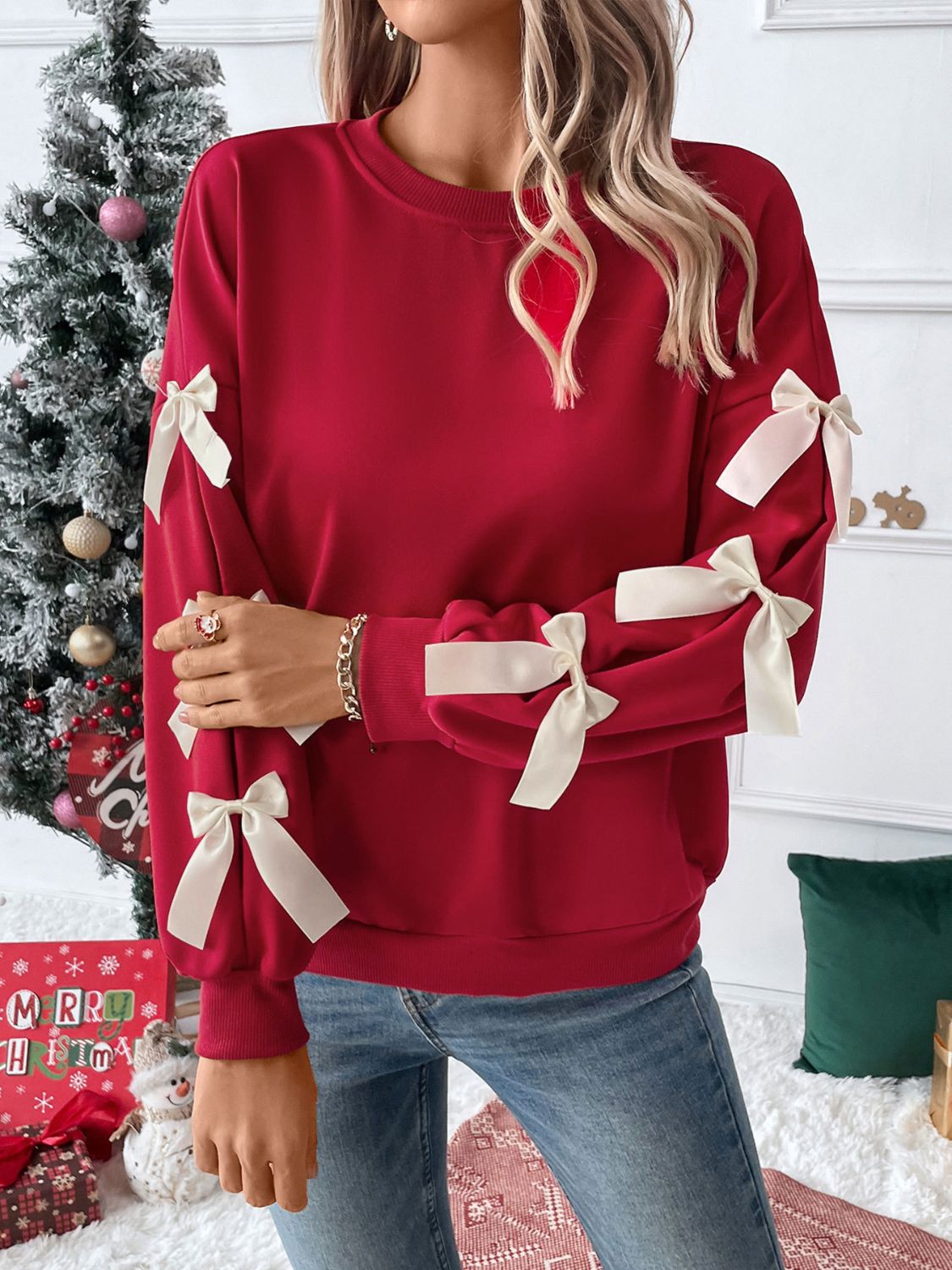 Perfee Bow Round Neck Long Sleeve Sweatshirt-TOPS / DRESSES-[Adult]-[Female]-2022 Online Blue Zone Planet