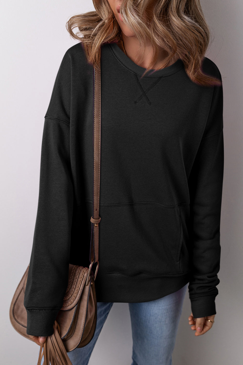 Blue Zone Planet | Black Drop Shoulder Crisscross Stitching Pocketed Loose Sweatshirt-Tops/Sweatshirts & Hoodies-[Adult]-[Female]-2022 Online Blue Zone Planet