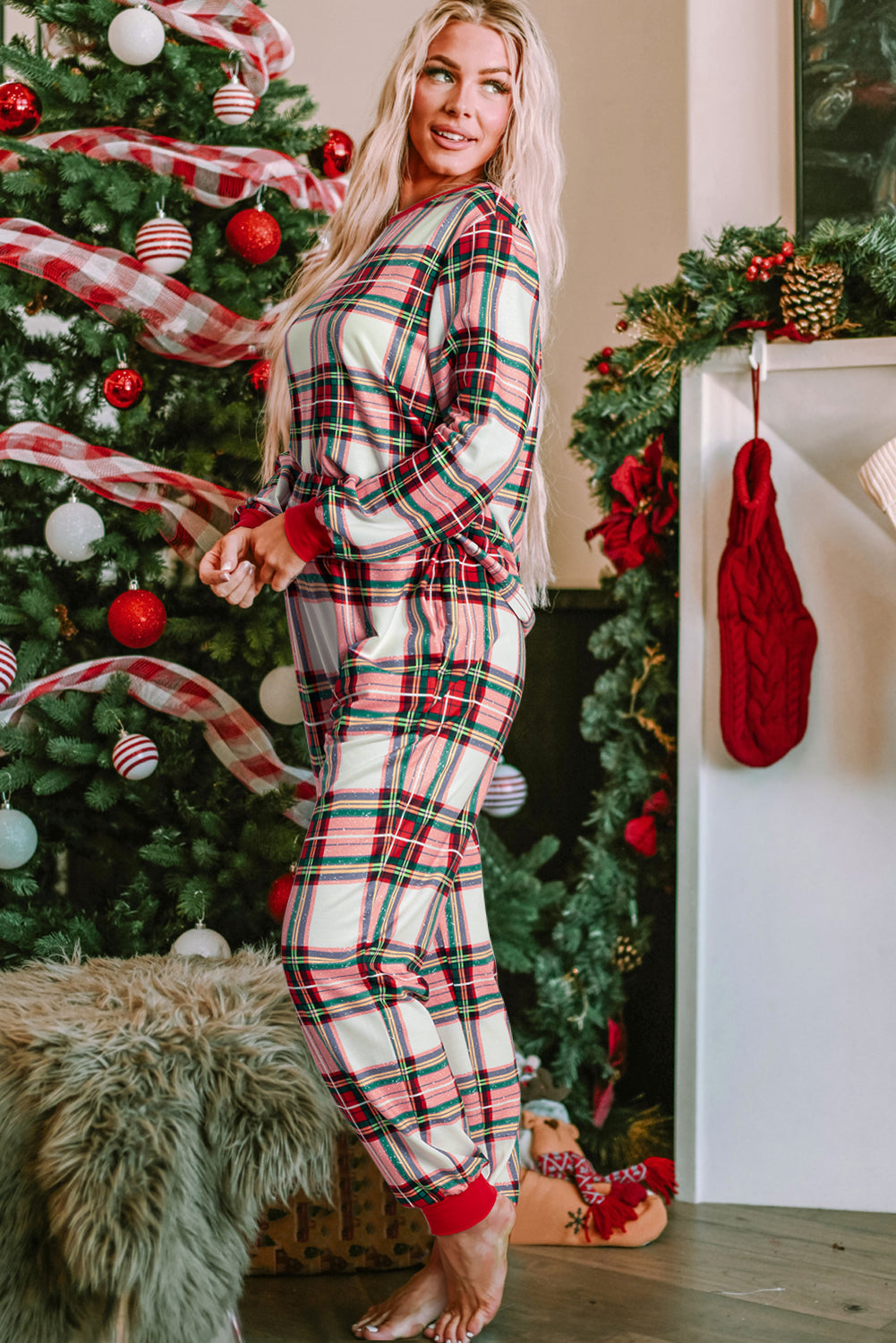 Blue Zone Planet | Red Christmas Plaid Allover Top and Pants Lounge Set-Loungewear & Sleepwear/Loungewear-[Adult]-[Female]-2022 Online Blue Zone Planet