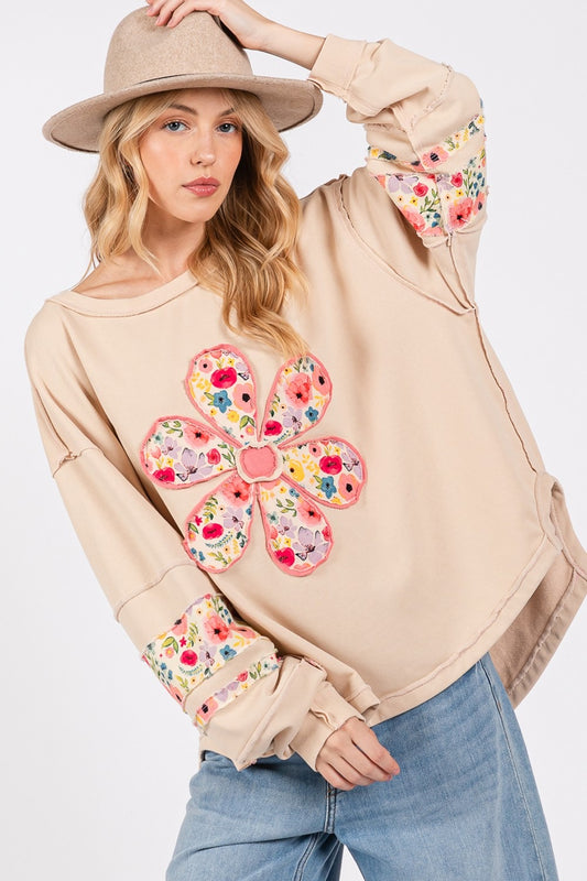 Blue Zone Planet | SAGE + FIG Daisy Patch Applique Long Sleeve Sweatshirt-TOPS / DRESSES-[Adult]-[Female]-Oatmeal-S-2022 Online Blue Zone Planet