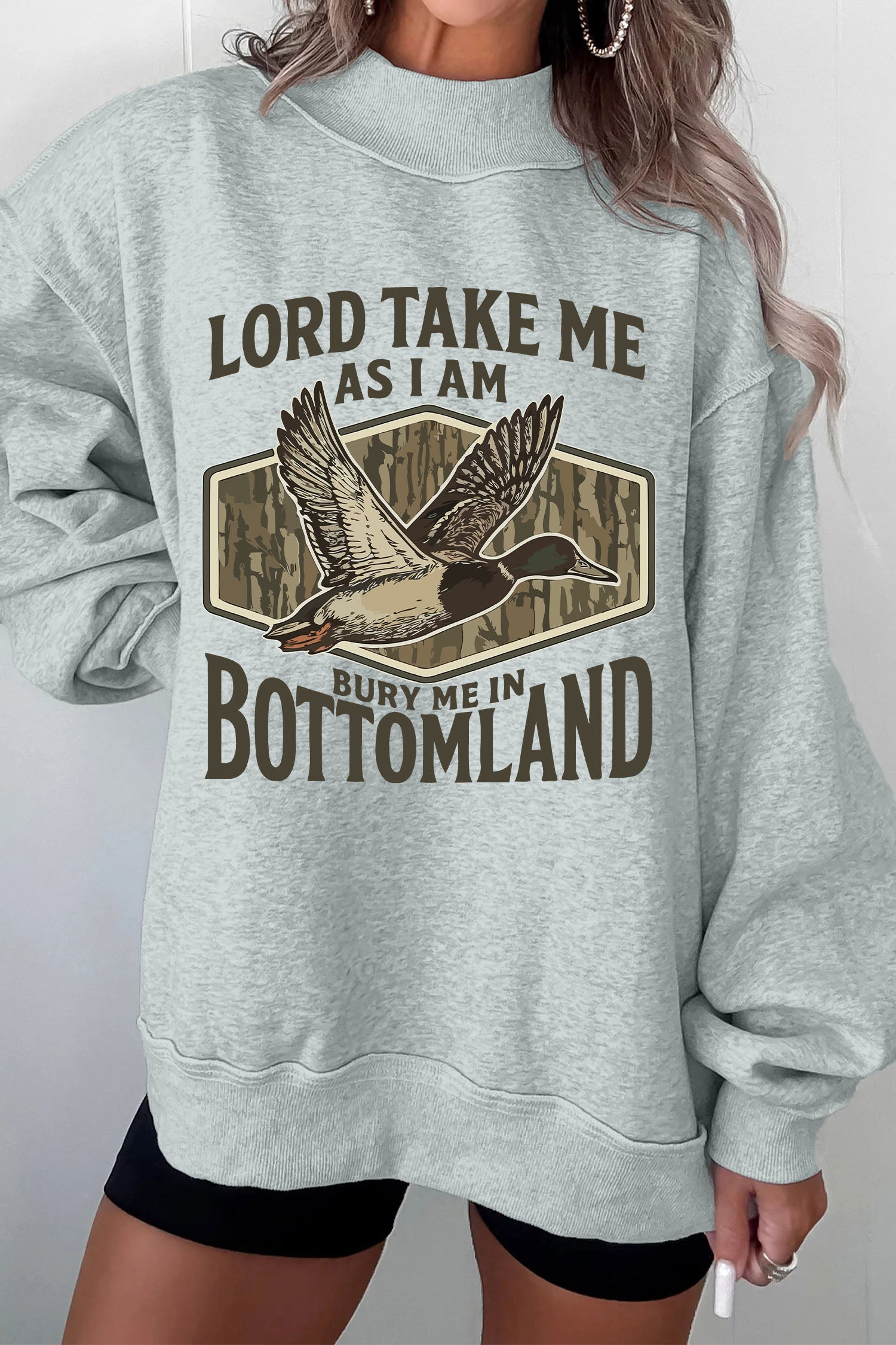 Gray Exposed Seam Mock Neck Western Print Duck Sweatshirt-Graphic/Graphic Sweatshirts-[Adult]-[Female]-2022 Online Blue Zone Planet