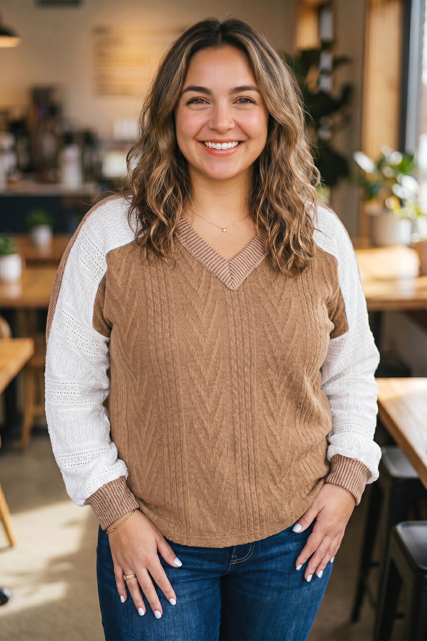 Coffee V Neck Lace Sleeve Patchwork Plus Size Blouse-Plus Size/Plus Size Tops/Plus Size Long Sleeve Tops-[Adult]-[Female]-2022 Online Blue Zone Planet