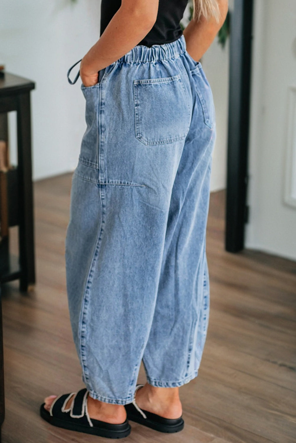 Myosotis Large Patch Pocket Drawstring Paperbag Waist Barrel Jeans-Bottoms/Jeans-[Adult]-[Female]-2022 Online Blue Zone Planet