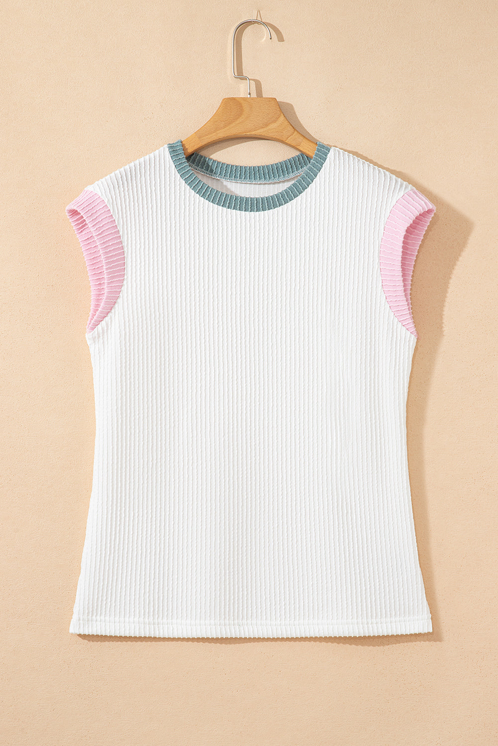 White Color Block Corded Knit Crew Neck Tee-Tops/Tops & Tees-[Adult]-[Female]-2022 Online Blue Zone Planet