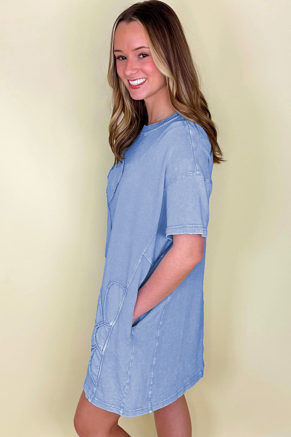 Sky Blue Mineral Wash Flower Patchwork Mini T Shirt Dress-TOPS / DRESSES-[Adult]-[Female]-2022 Online Blue Zone Planet