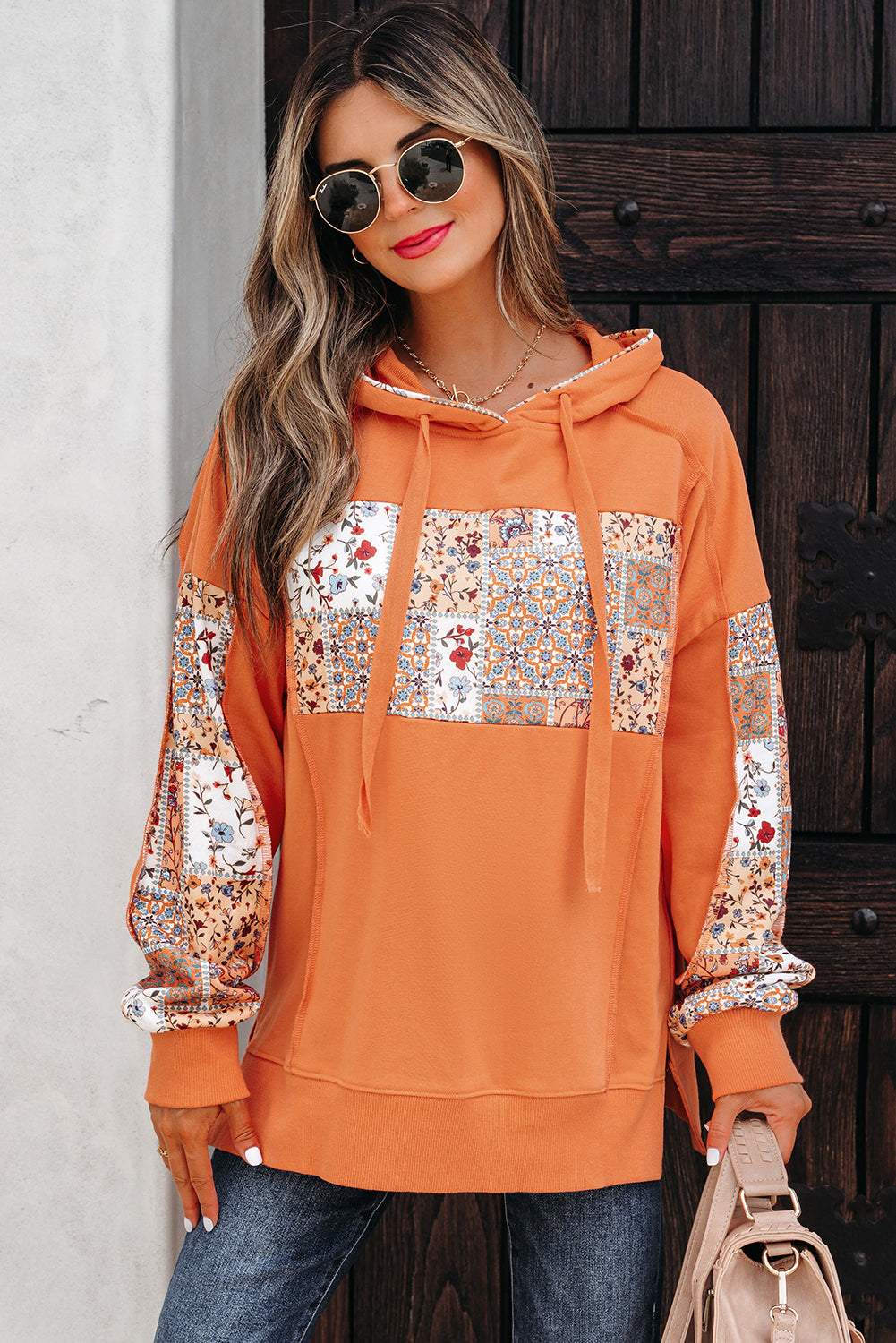 Flamingo Mix Floral Patchwork Side Slit Drawstring Hoodie-Tops / Dresses-[Adult]-[Female]-2022 Online Blue Zone Planet