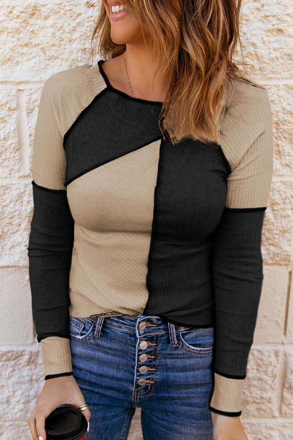 Multicolor Irregular Color Block Seaming Trim Rib Knit Top