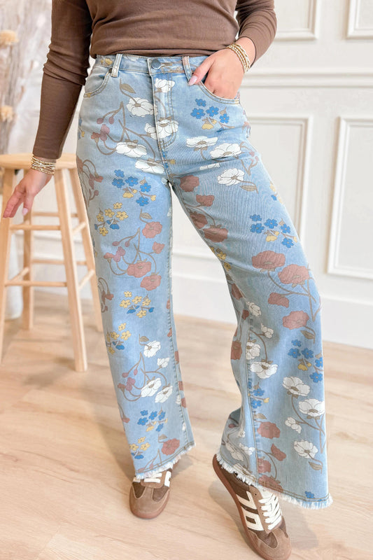 Sky Blue Floral Printed Raw Hem Shift Jeans-Bottoms/Jeans-[Adult]-[Female]-2022 Online Blue Zone Planet