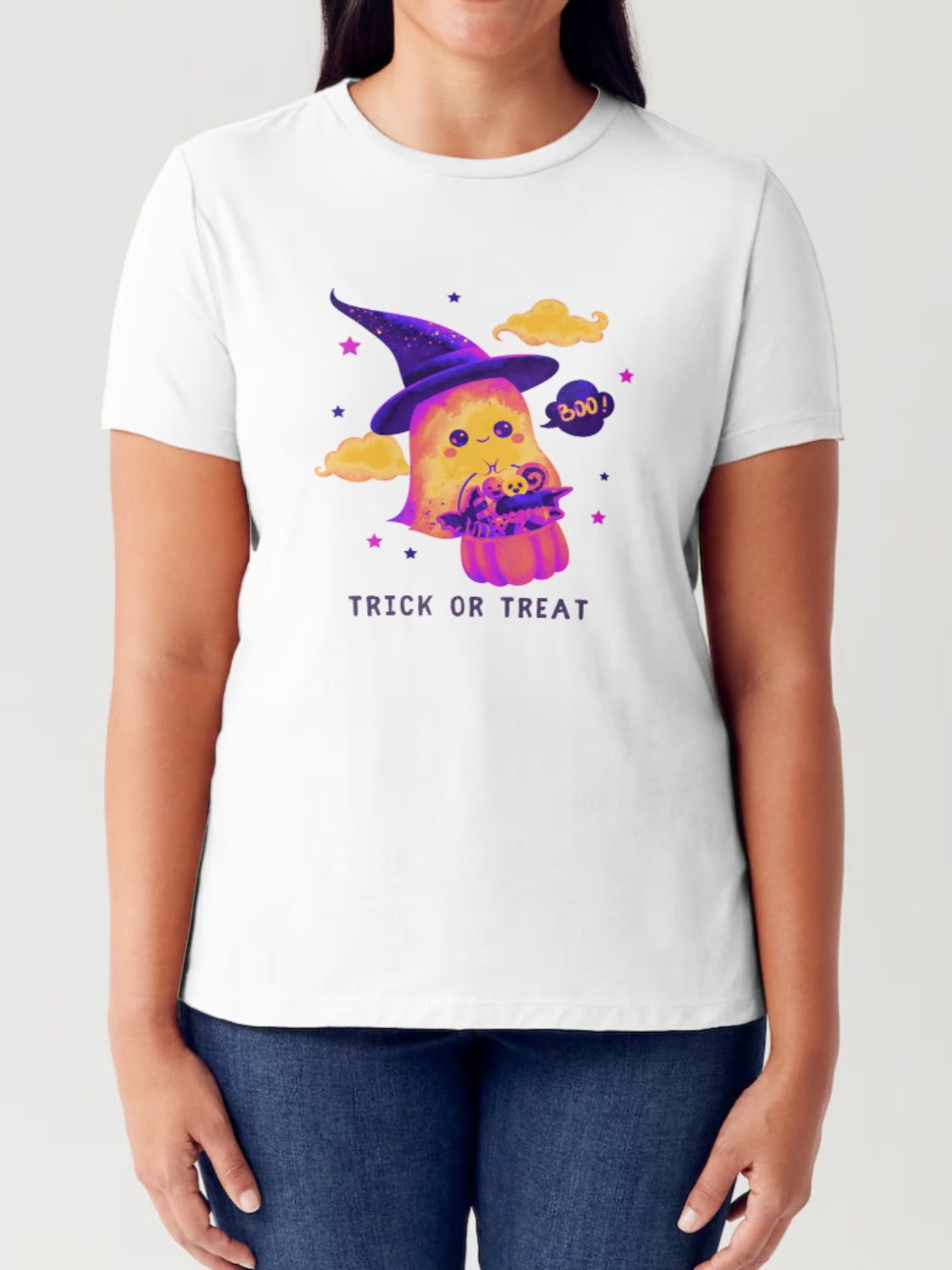 Simply Love Full Size TRICK OR TREAT Ghost Graphic Short Sleeve Tubular T-Shirt-TOPS / DRESSES-[Adult]-[Female]-White-S-2022 Online Blue Zone Planet