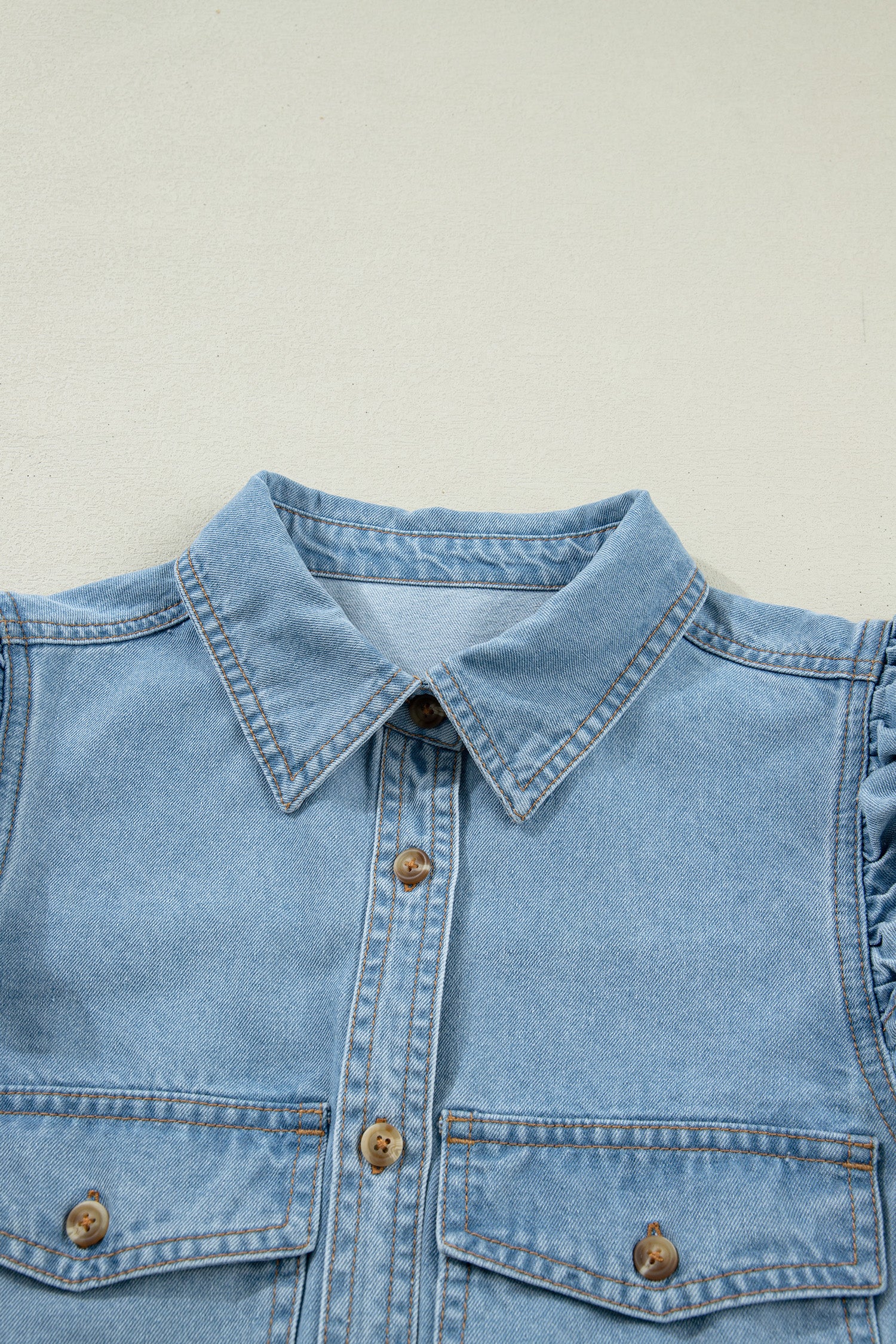 Myosotis Ruffle Detail Short Puff Sleeve Button Down Flap Pocket Denim Shirt-Tops/Blouses & Shirts-[Adult]-[Female]-2022 Online Blue Zone Planet