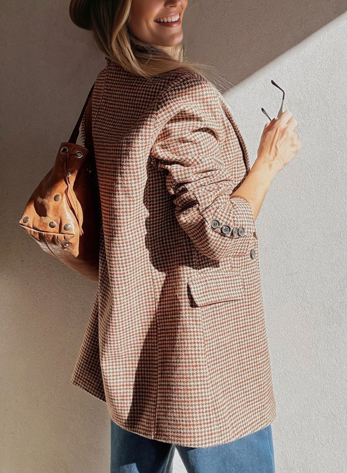Brown Houndstooth Lapel Collar Blazer-Outerwear/Blazers-[Adult]-[Female]-2022 Online Blue Zone Planet
