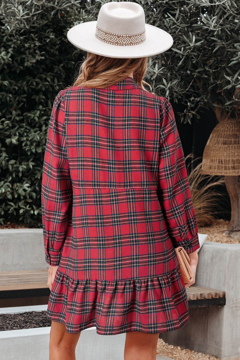 Red Plaid Shirt Collar Half Button Ruffle Hem Long Sleeve Mini Dress-TOPS / DRESSES-[Adult]-[Female]-2022 Online Blue Zone Planet