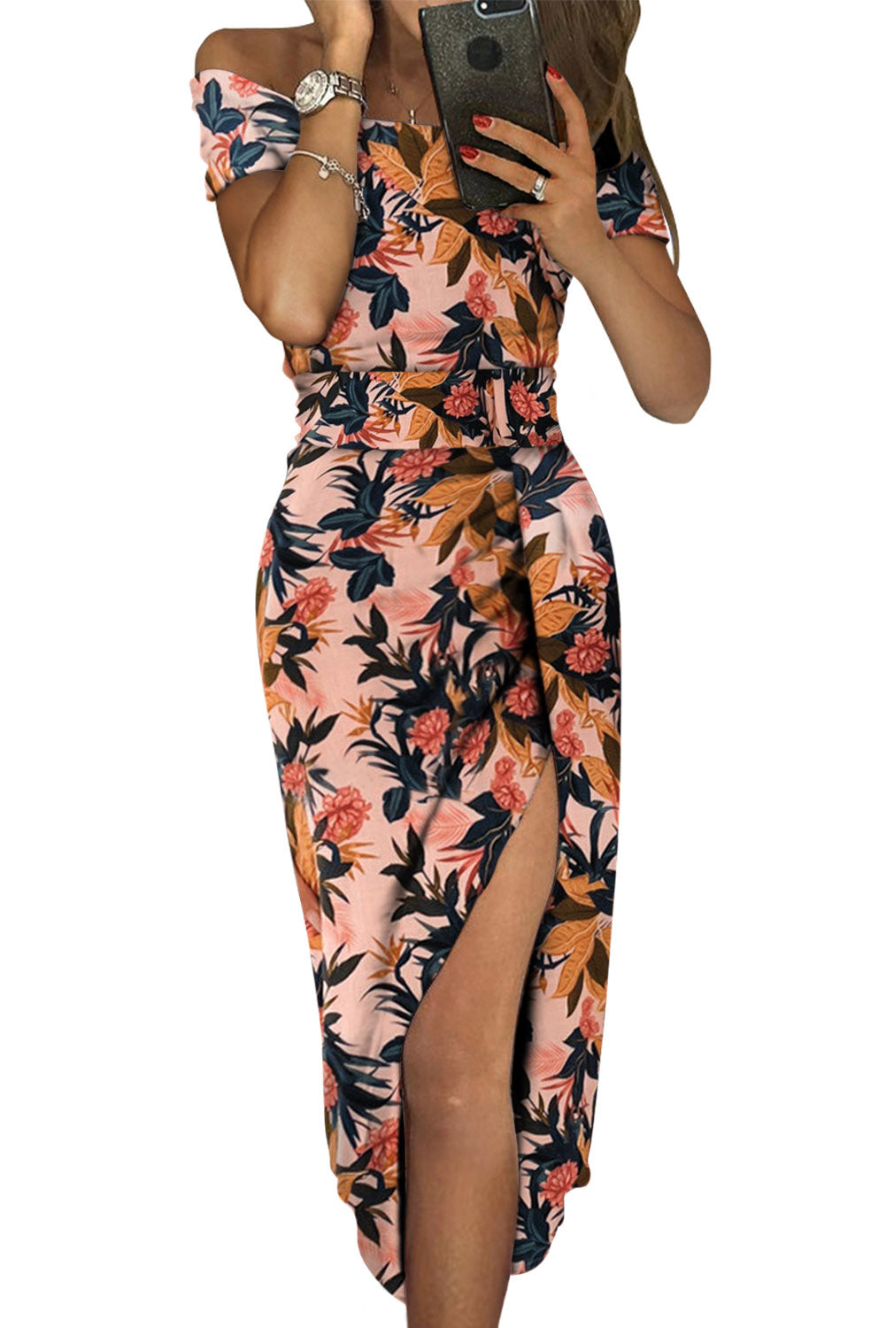 Pink Floral Print Off Shoulder Slit Bodycon Midi Dress Blue Zone Planet