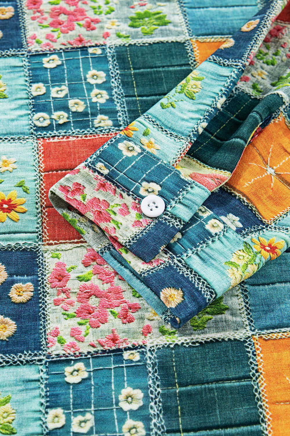 Sky Blue Floral Collared V Neck Roll up Sleeve Shift Blouse-Tops/Blouses & Shirts-[Adult]-[Female]-2022 Online Blue Zone Planet