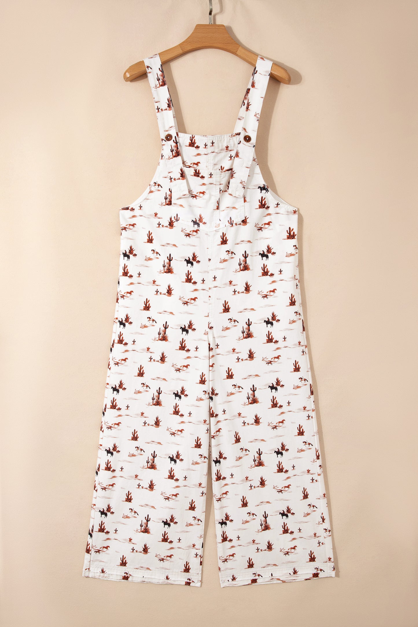 Beige Western Printed Button Adjustable Straps Loose Jumpsuit Dungarees-Bottoms/Jumpsuits & Rompers-[Adult]-[Female]-2022 Online Blue Zone Planet