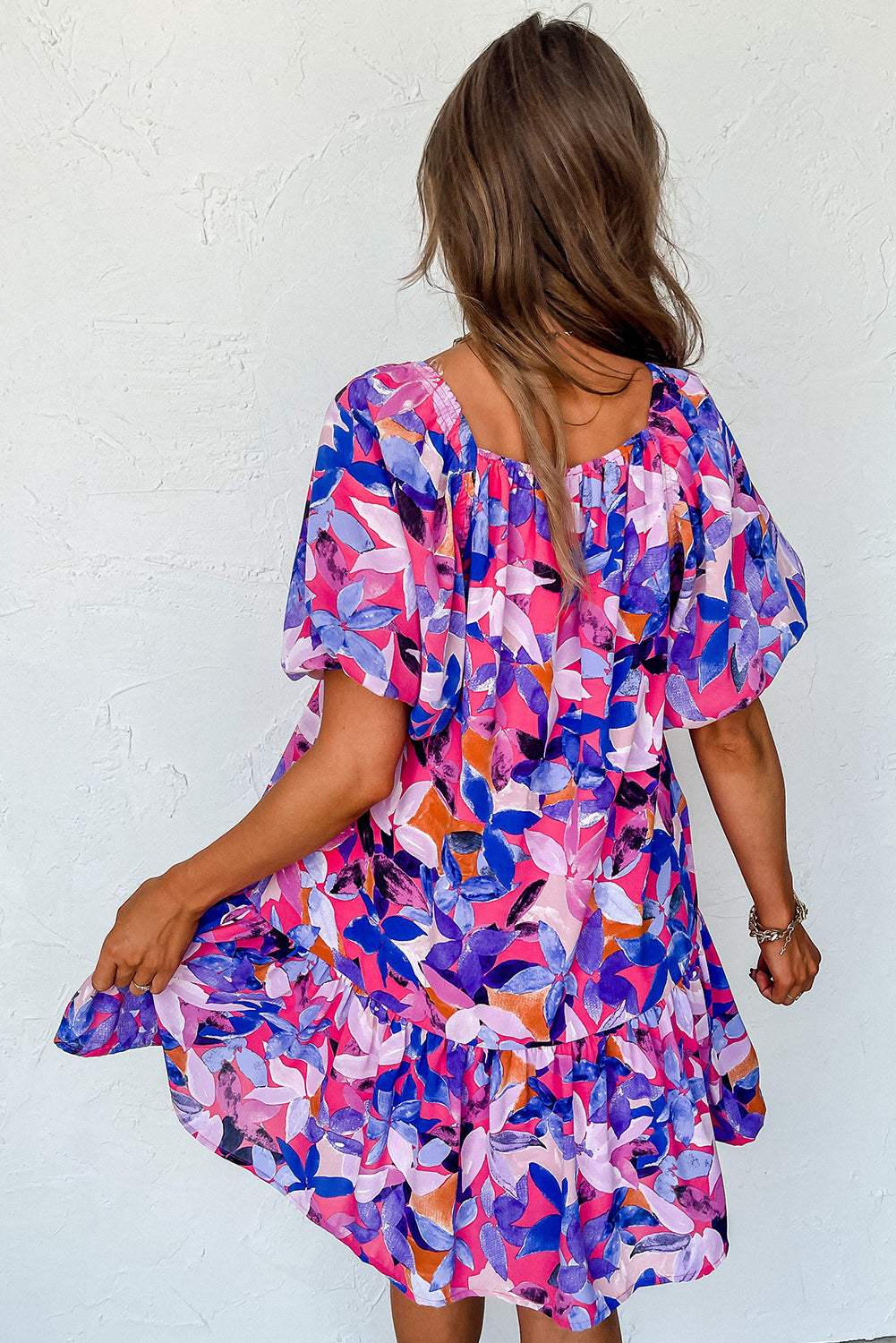 Blue Zone Planet | Purple Flower Print Short Puff Sleeve Ruffled Dress-TOPS / DRESSES-[Adult]-[Female]-2022 Online Blue Zone Planet