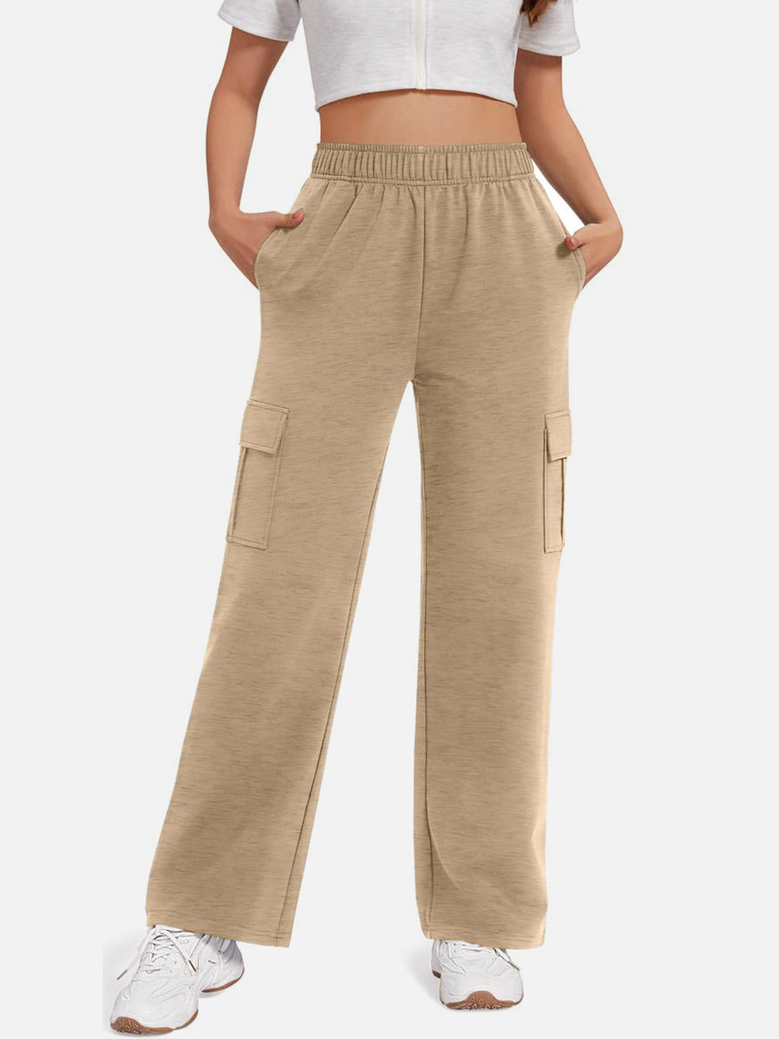 Pocketed High Waist Pants-BOTTOMS SIZES SMALL MEDIUM LARGE-[Adult]-[Female]-Tan-S-2022 Online Blue Zone Planet