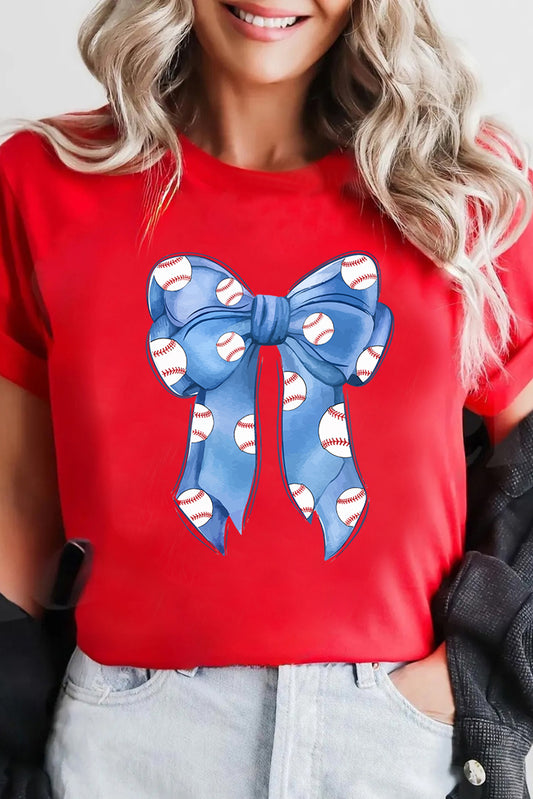 Red Rugby Bowknot Graphic Crew Neck Tee-Graphic/Graphic Tees-[Adult]-[Female]-Red-2-S-2022 Online Blue Zone Planet