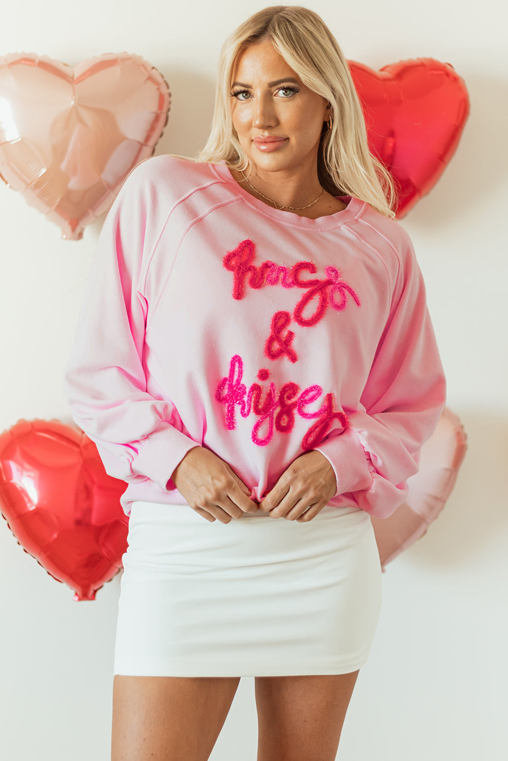 Blue Zone Planet | Pink Hugs and Kisses Pop Up Embroidered Raglan Sleeve Sweatshirt-TOPS / DRESSES-[Adult]-[Female]-2022 Online Blue Zone Planet