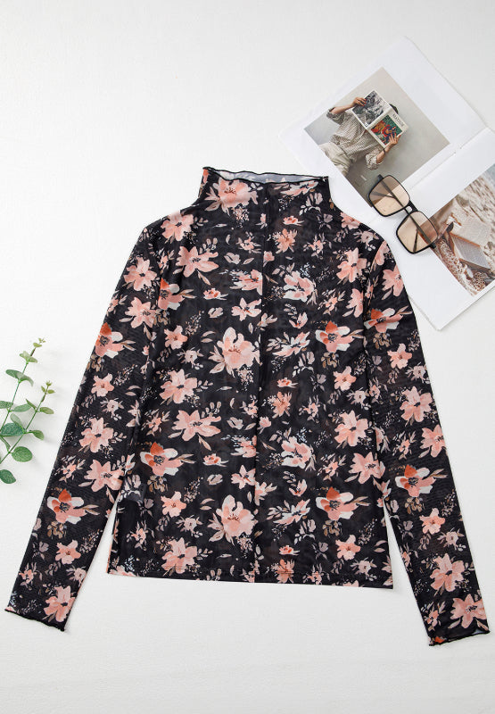 Floral Mock Neck Long Sleeve Blouse-TOPS / DRESSES-[Adult]-[Female]-2022 Online Blue Zone Planet