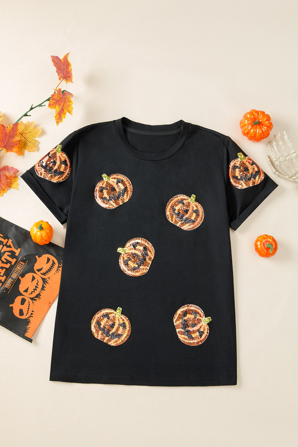 Black Sequin Pumpkin Face Halloween T Shirt-Graphic/Graphic Tees-[Adult]-[Female]-2022 Online Blue Zone Planet