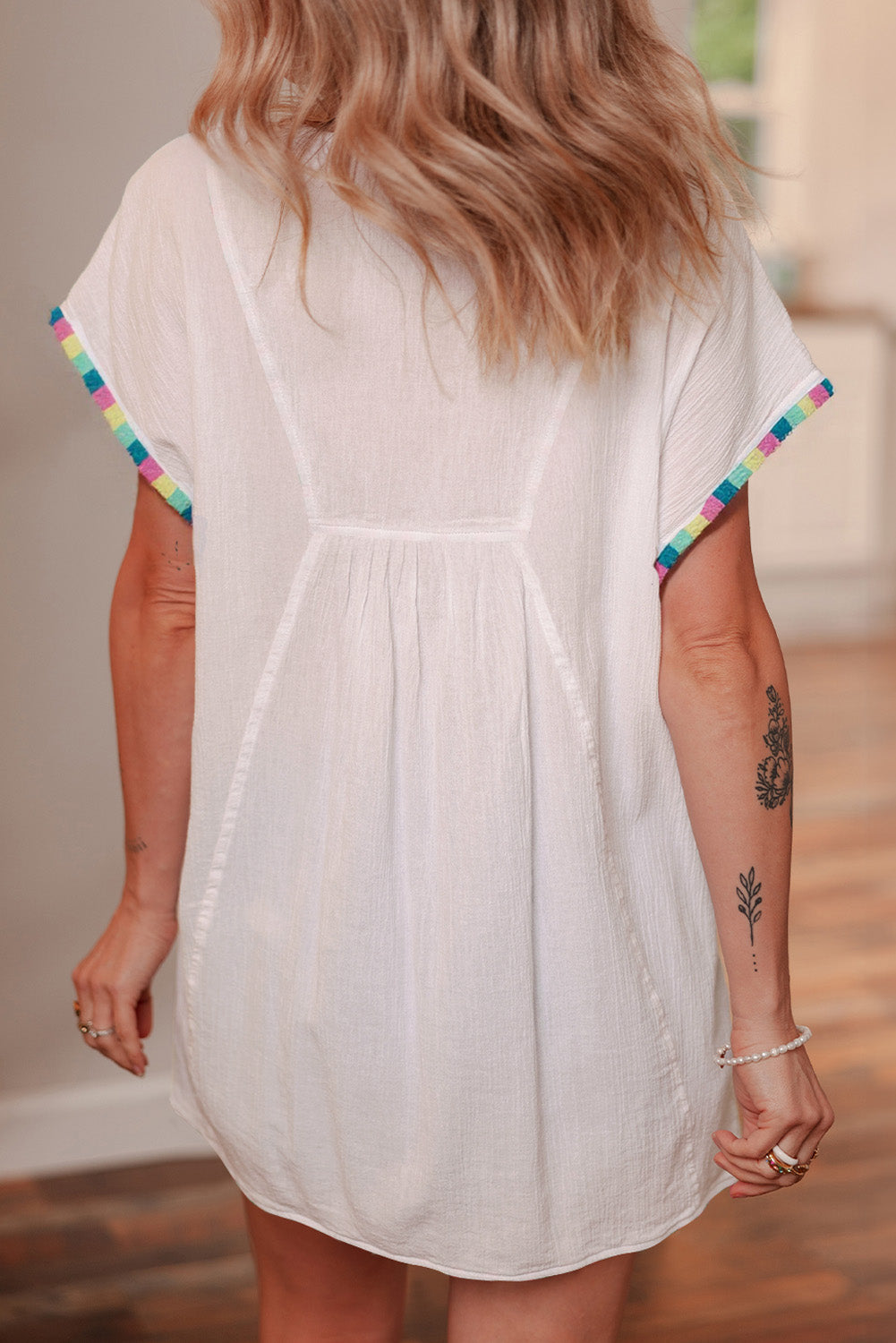 White Colorful Fringed Detail Tassel Tie Neck Short Sleeve Blouse-Tops/Blouses & Shirts-[Adult]-[Female]-2022 Online Blue Zone Planet