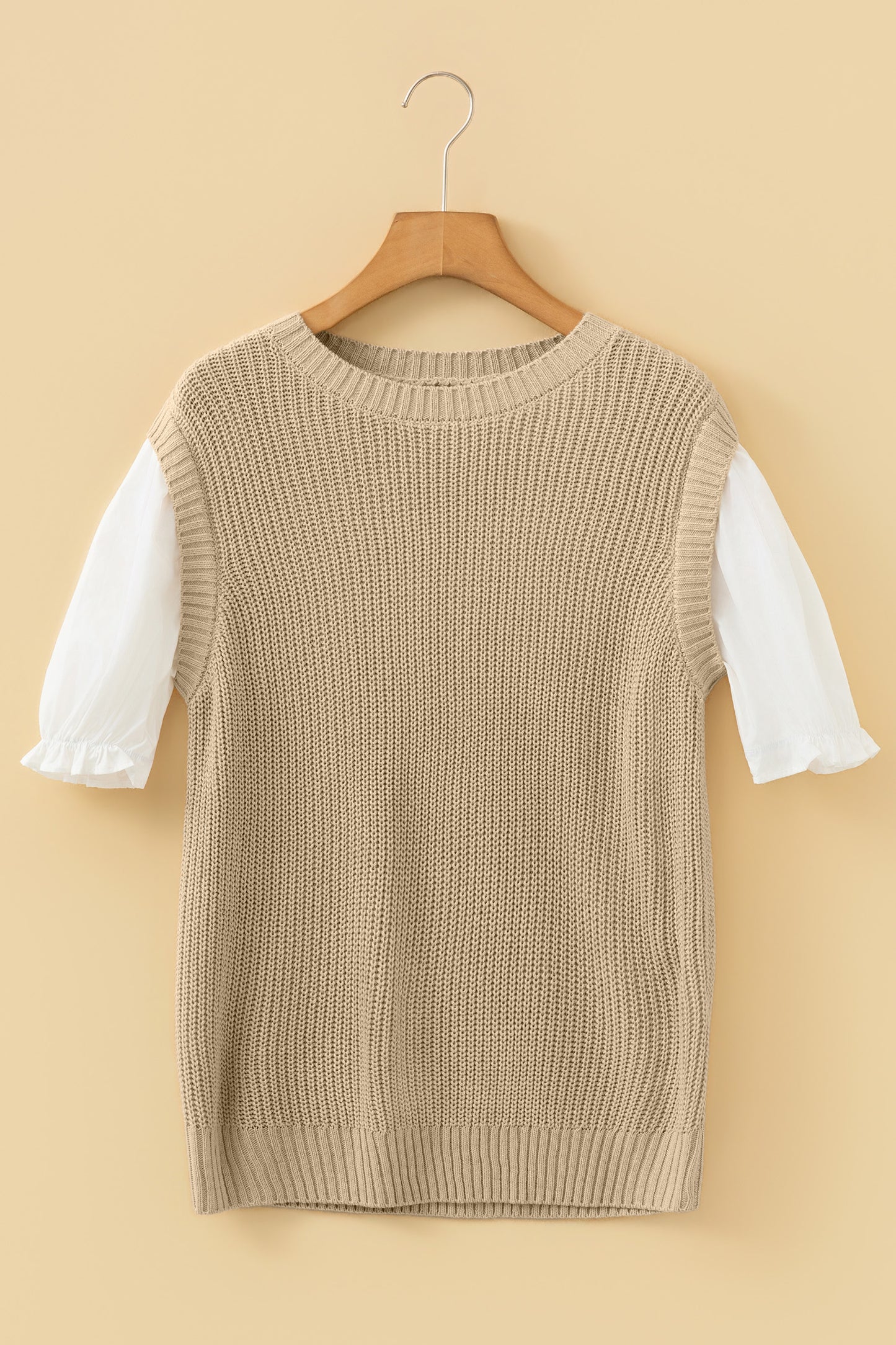 Light French Beige Round Neck Knit Contrast Short Sleeve Patchwork Sweater Top-TOPS / DRESSES-[Adult]-[Female]-2022 Online Blue Zone Planet