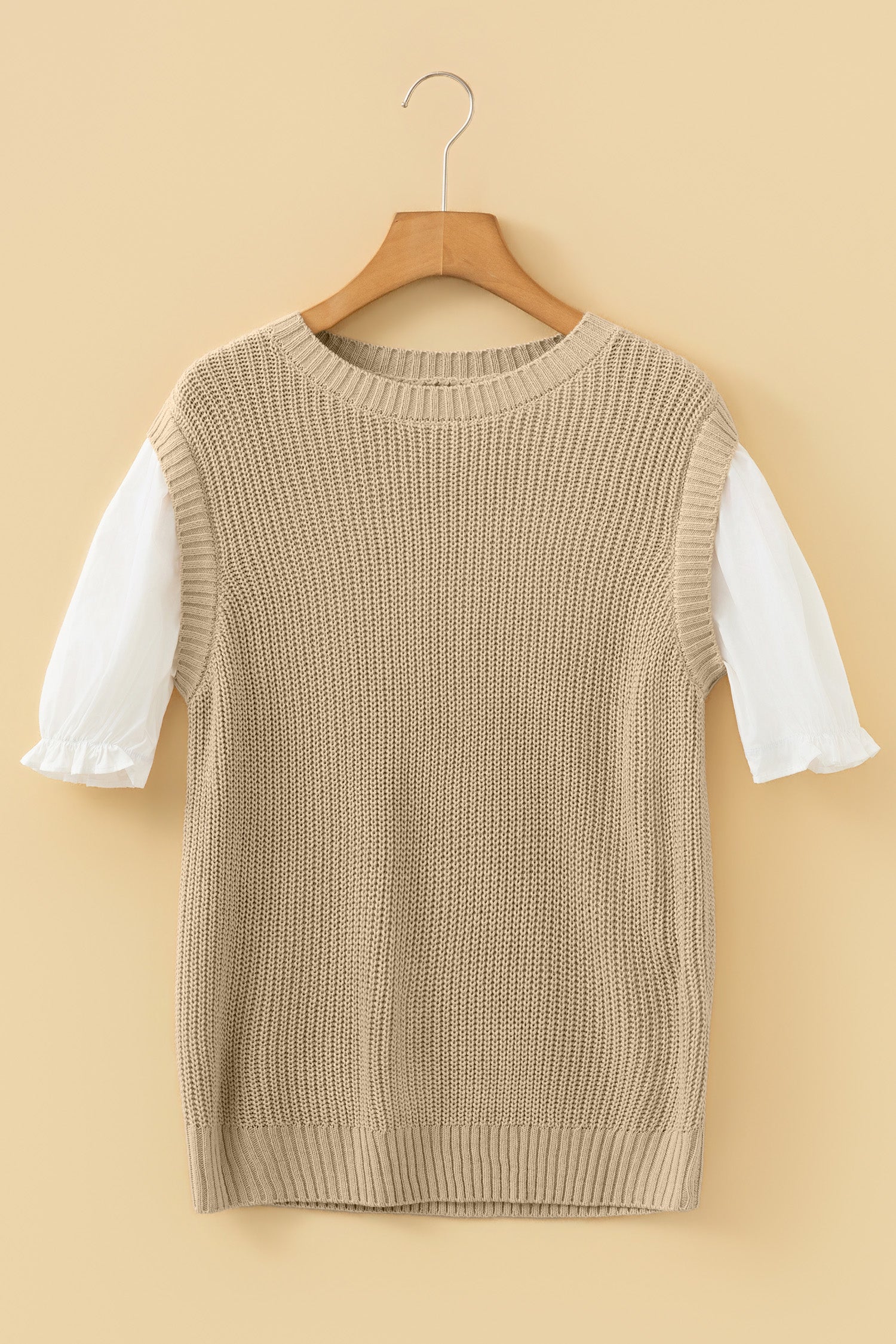 Light French Beige Round Neck Knit Contrast Short Sleeve Patchwork Sweater Top-TOPS / DRESSES-[Adult]-[Female]-2022 Online Blue Zone Planet