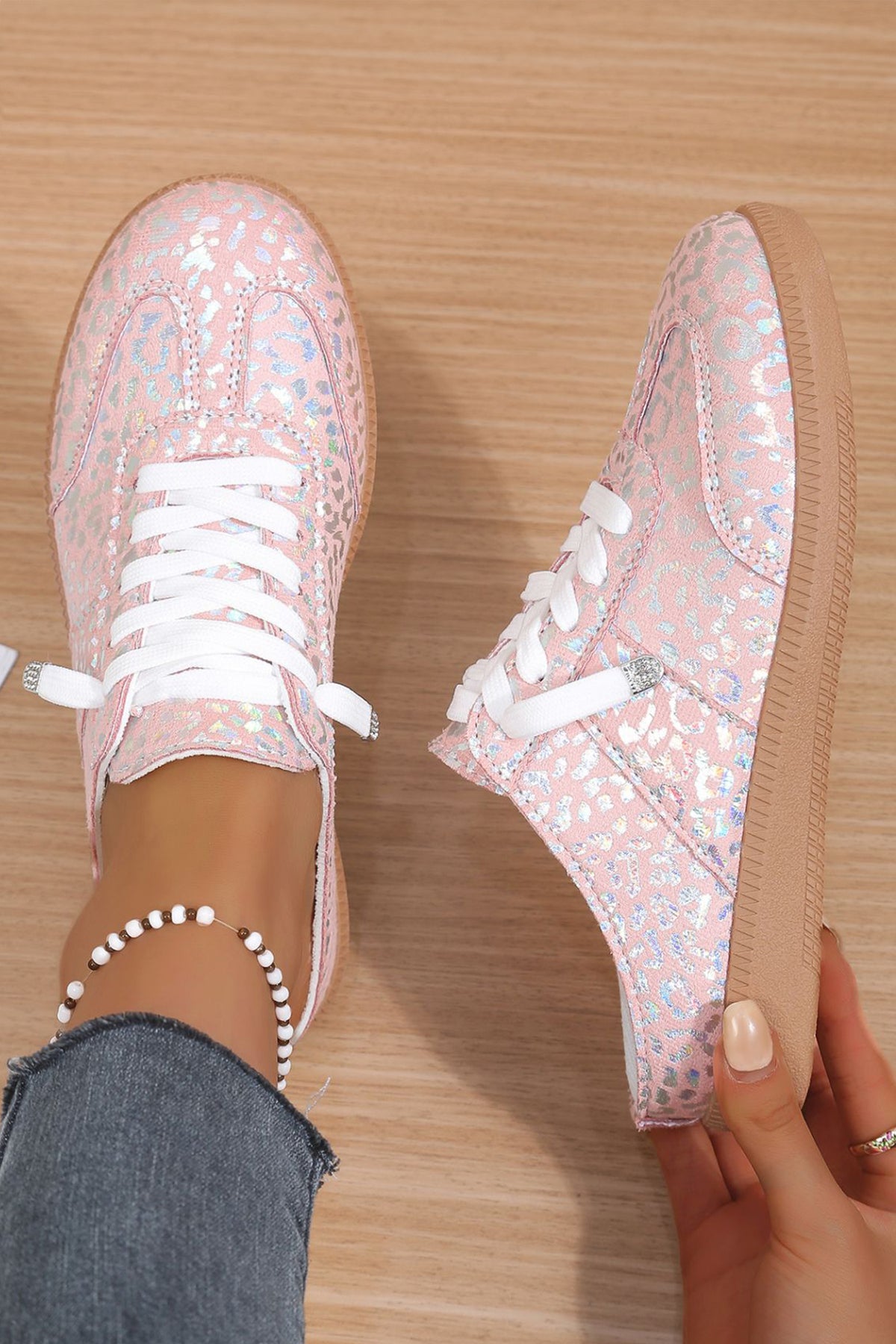 White Shiny Leopard Print Lace up Slip On Shoes-Shoes & Bags/Slippers-[Adult]-[Female]-Pink-37-2022 Online Blue Zone Planet
