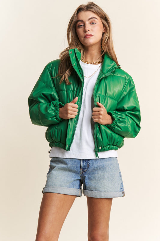 J.NNA Turtleneck Snap and Zipper Closure Crop Puff Jacket-TOPS / DRESSES-[Adult]-[Female]-Green-S-2022 Online Blue Zone Planet