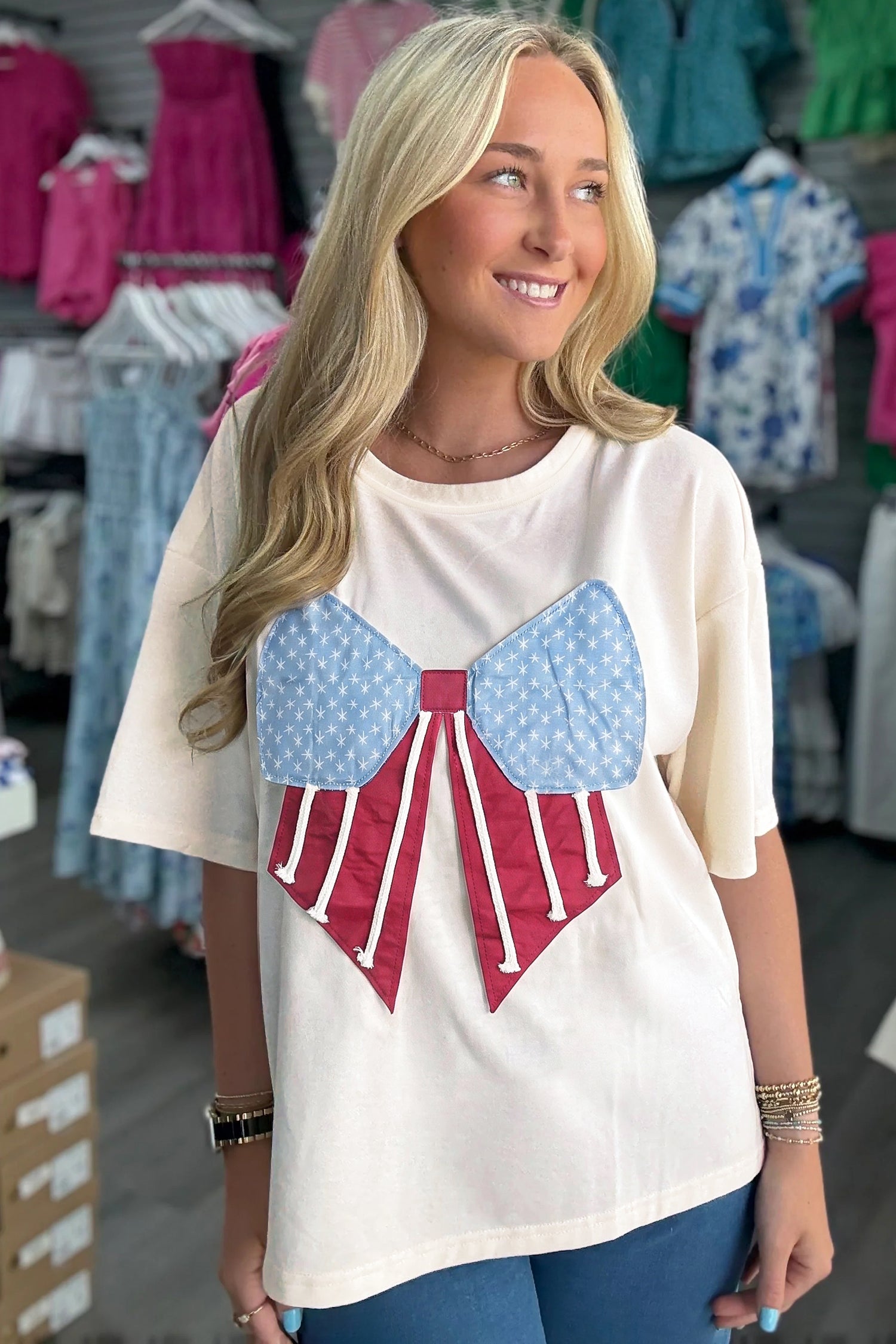 White Loose Knit Vintage Flag Bow Patched T Shirt-Tops/Tops & Tees-[Adult]-[Female]-2022 Online Blue Zone Planet