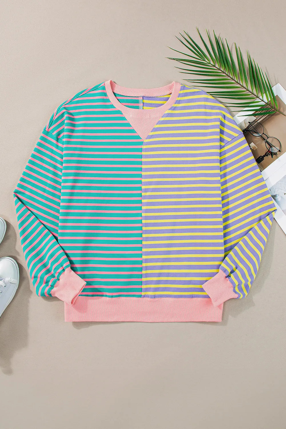 Blue Zone Planet | Contrast Stripes Round Neck Long Sleeve Sweatshirt-TOPS / DRESSES-[Adult]-[Female]-2022 Online Blue Zone Planet