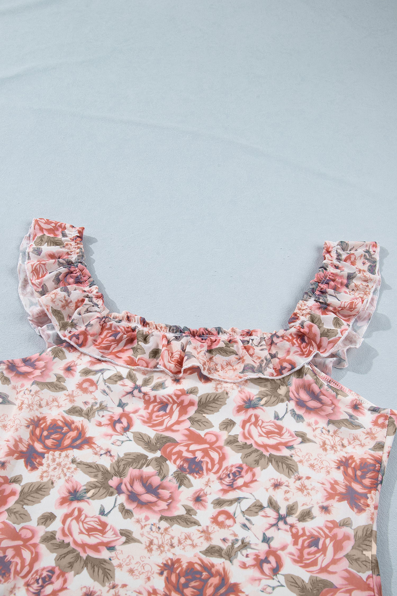 Multicolour Retro Floral Ruffle Trim Square Neck Tank Top-Tops/Tank Tops-[Adult]-[Female]-2022 Online Blue Zone Planet