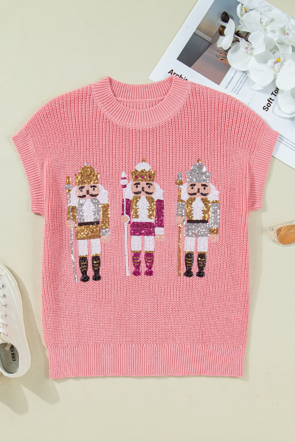 Gossamer Pink Nutcracker Cutie Sequin Graphic Short Sleeve Sweater-Sweaters & Cardigans/Short Sleeve Sweaters-[Adult]-[Female]-2022 Online Blue Zone Planet