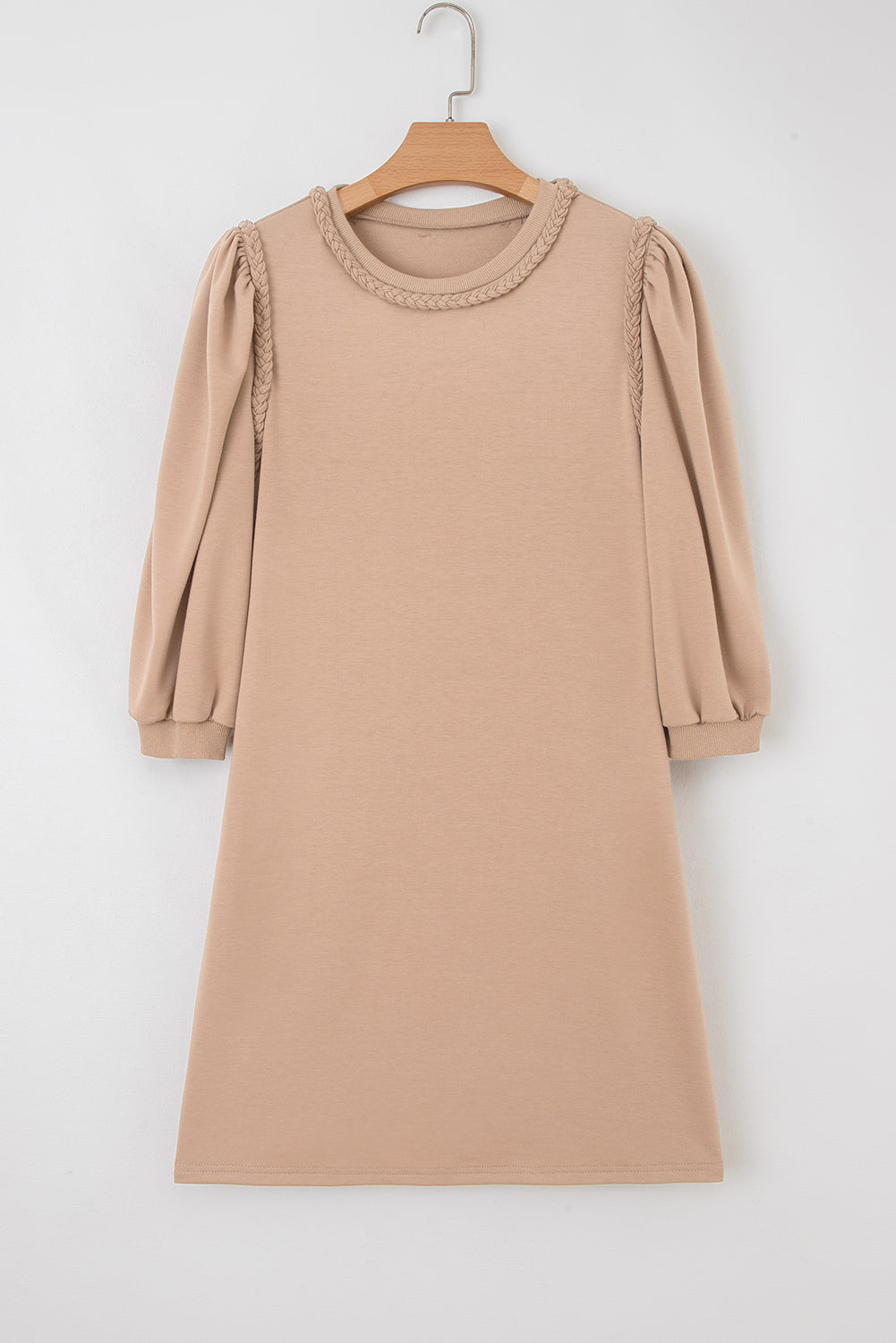 Light French Beige Braided Trim Puff Sleeve Dress-TOPS / DRESSES-[Adult]-[Female]-2022 Online Blue Zone Planet