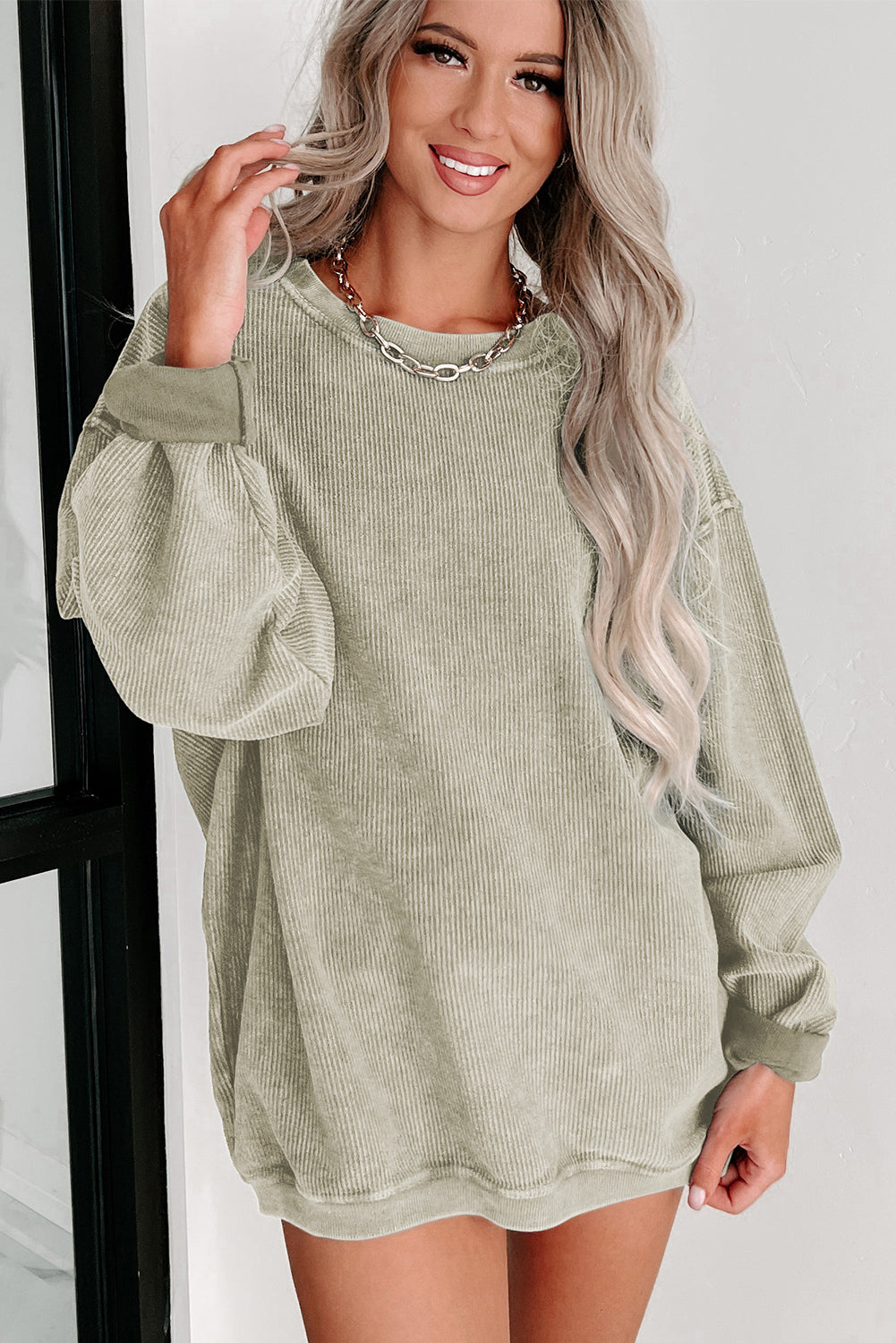 Khaki Solid Ribbed Knit Round Neck Pullover Sweatshirt-Tops/Sweatshirts & Hoodies-[Adult]-[Female]-2022 Online Blue Zone Planet