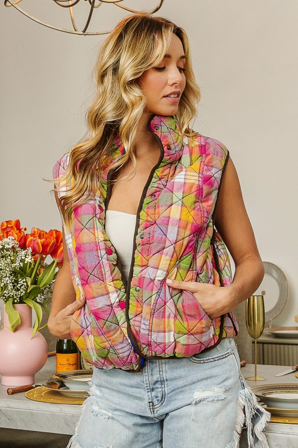 BiBi Quilted Washed Plaid Snap Down Vest-TOPS / DRESSES-[Adult]-[Female]-2022 Online Blue Zone Planet