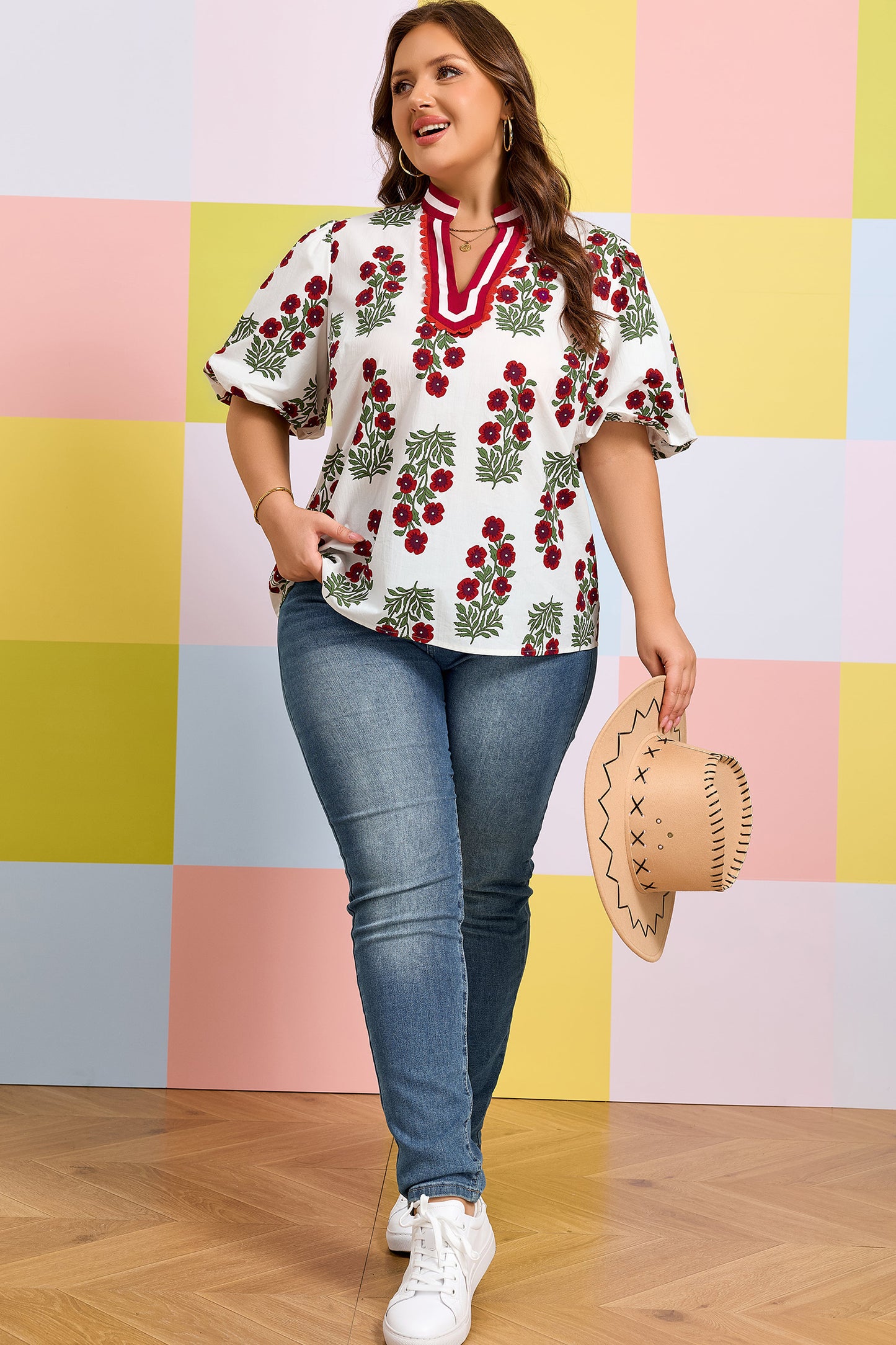 Black Plus Size Floral Print Ricrac Striped Trim Short Sleeve Cotton Blouse-Plus Size/Plus Size Tops/Plus Size Blouses & Shirts-[Adult]-[Female]-2022 Online Blue Zone Planet