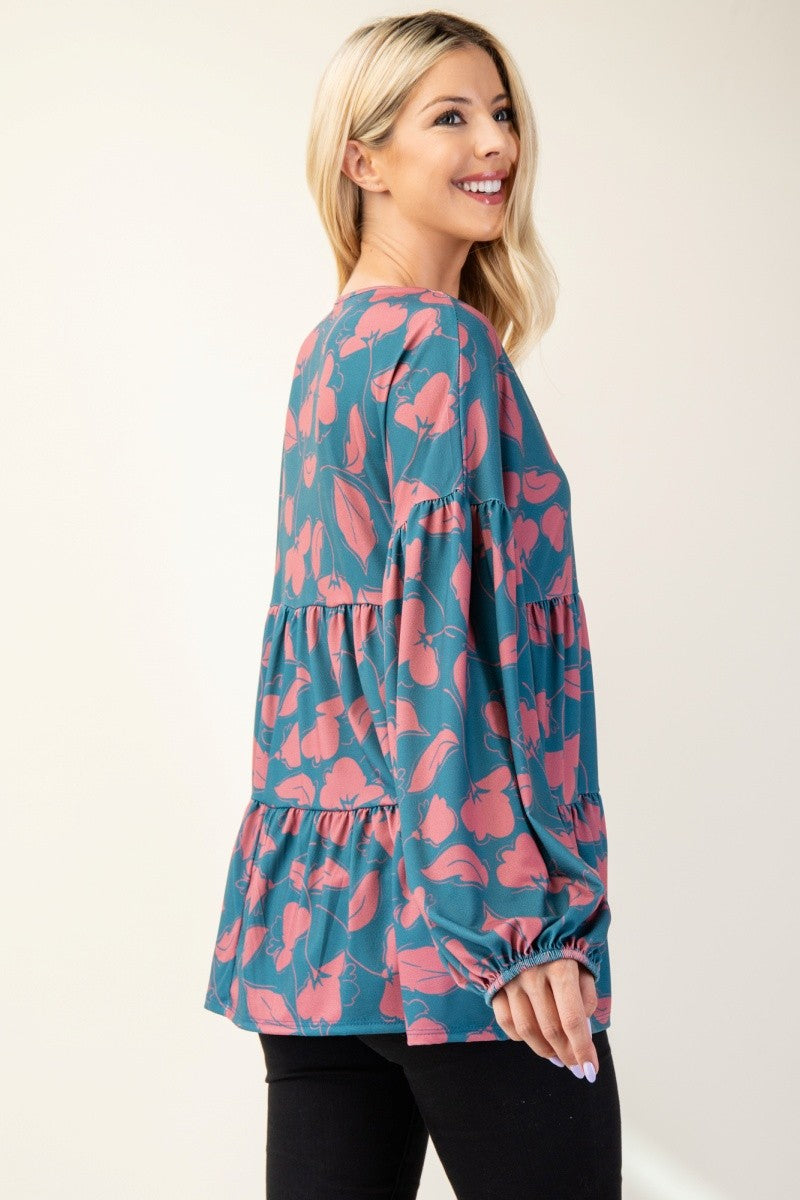 Celeste Full Size Tiered Floral V-Neck Long Sleeve Blouse-TOPS / DRESSES-[Adult]-[Female]-2022 Online Blue Zone Planet