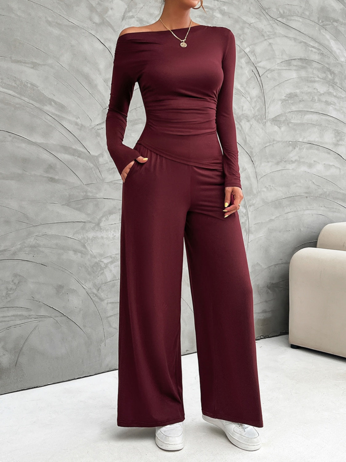 Long Sleeve Top and Wide Leg Pants Set-TOPS / DRESSES-[Adult]-[Female]-Burgundy-S-2022 Online Blue Zone Planet