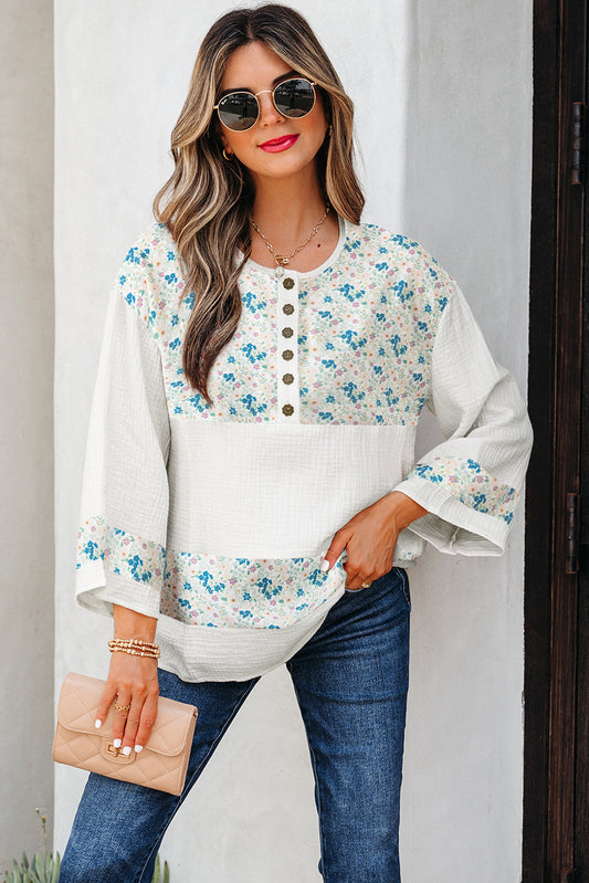Sky Blue Floral Print Gauze Patchwork Henley Button 3/4 Sleeve Blouse-Tops/Blouses & Shirts-[Adult]-[Female]-2022 Online Blue Zone Planet