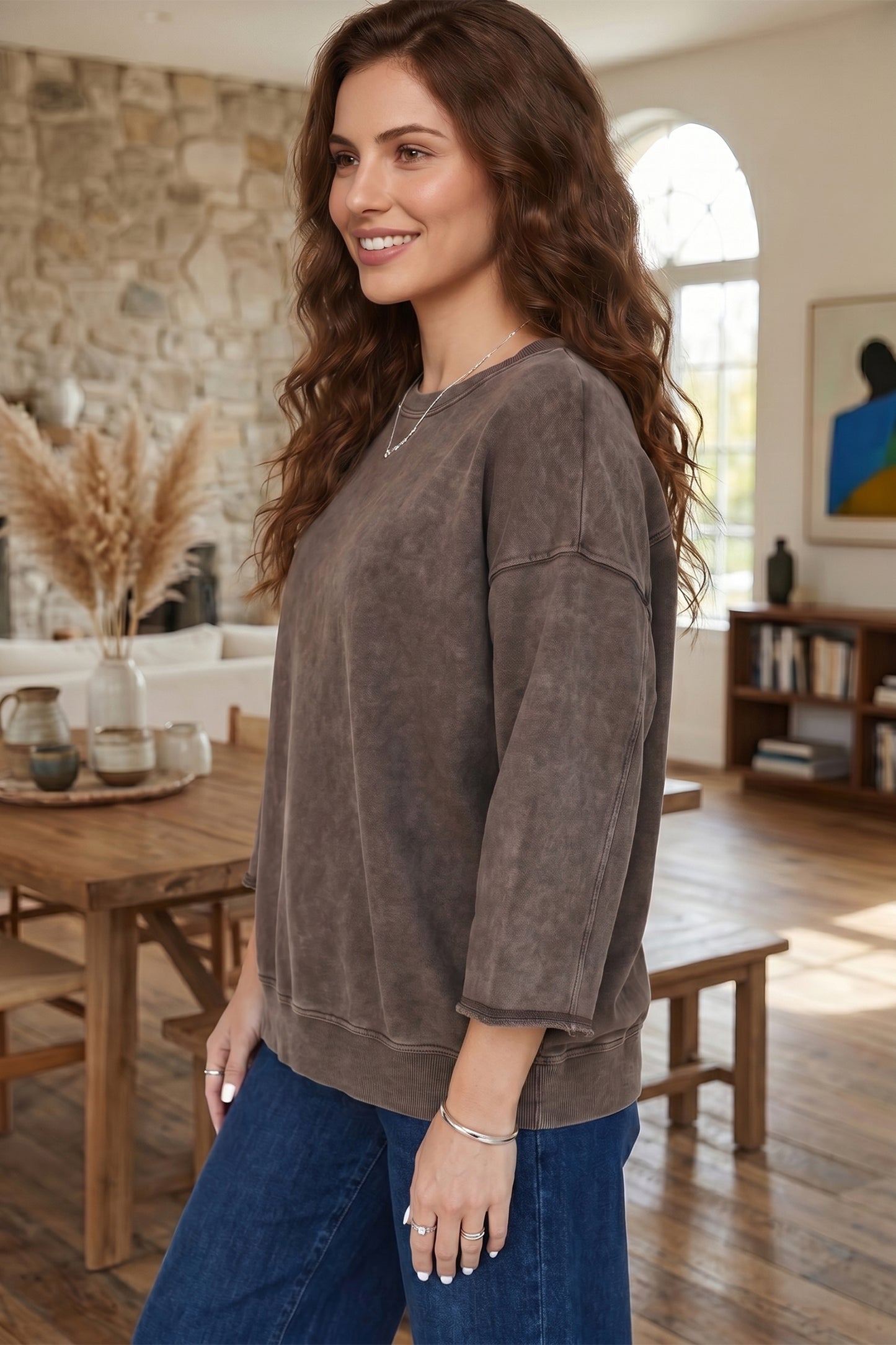 Dark Brown 3/4 Sleeve Mineral Wash Loose Cotton Top